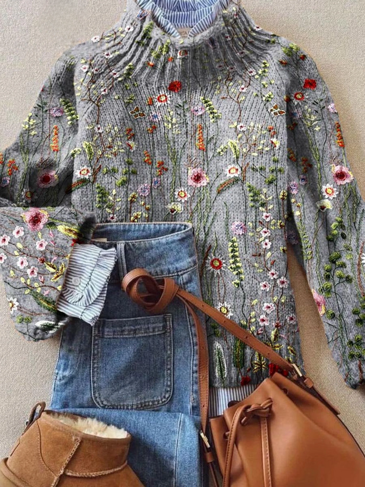 Women's Vintage Lovely Floral Art Print Knit Turtleneck Pullover Sweater