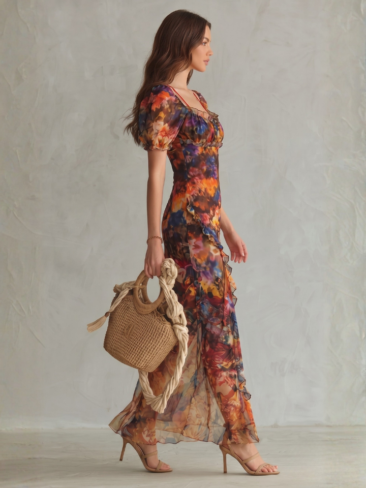 Ciel | Ruffled Sleeve Ruched Slit Midi Dress