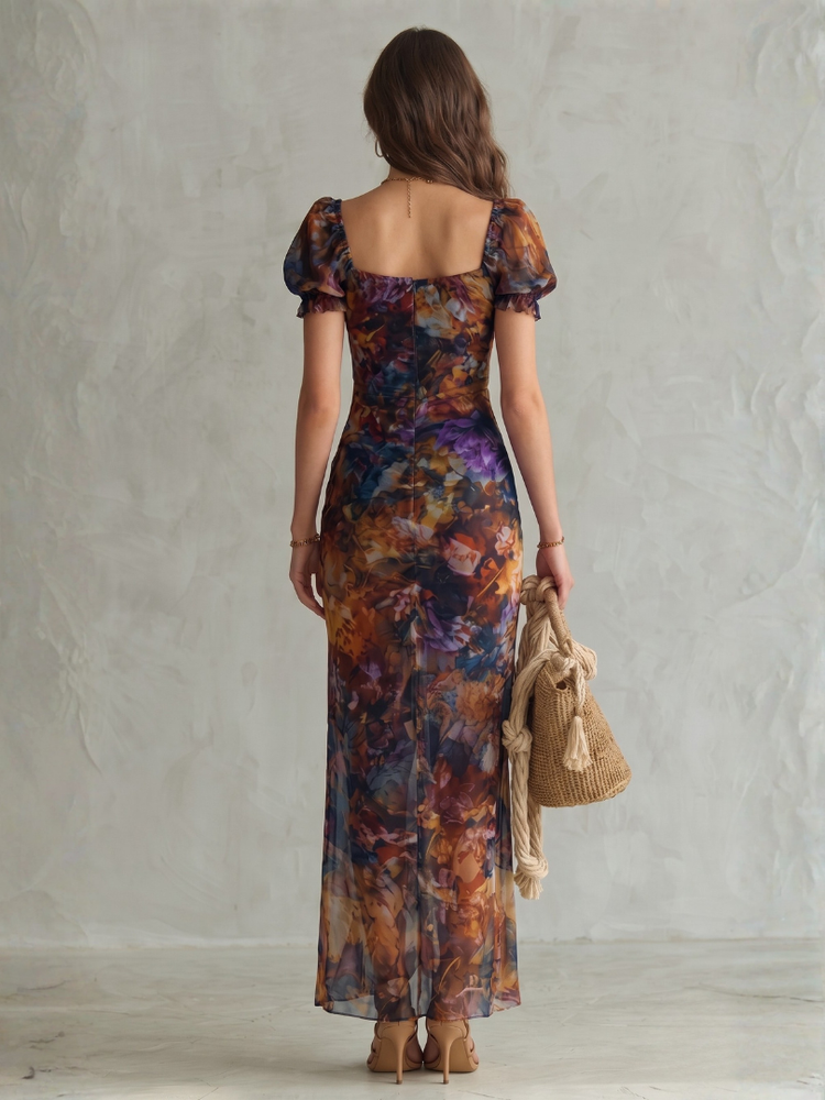 Ciel | Ruffled Sleeve Ruched Slit Midi Dress