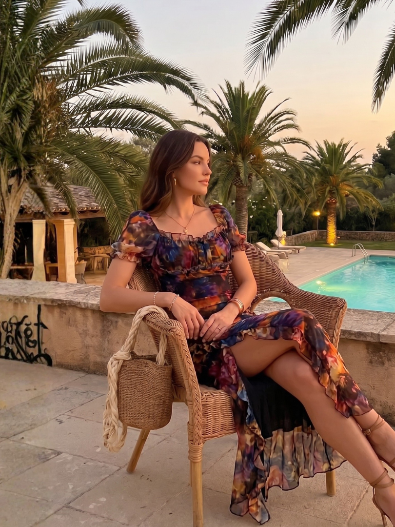 Ciel | Ruffled Sleeve Ruched Slit Midi Dress