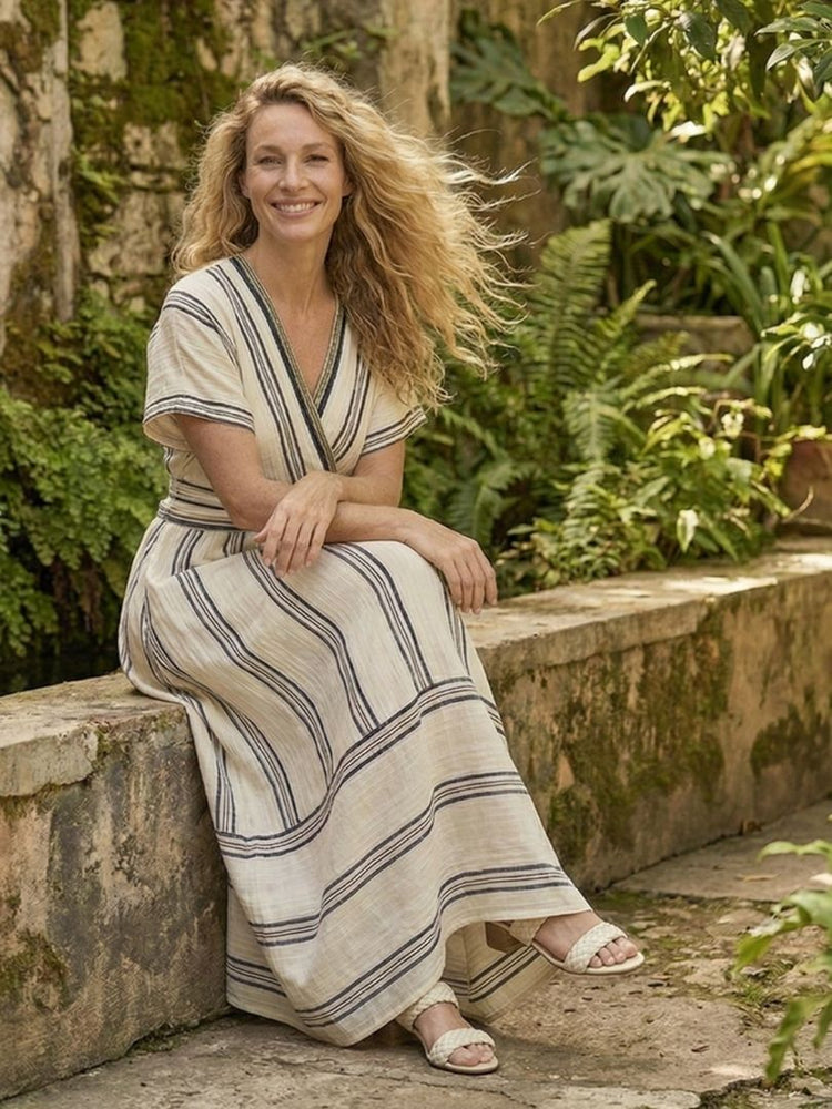 Thalassa | V Neck Short Sleeve Wrap Waist Midi Dress