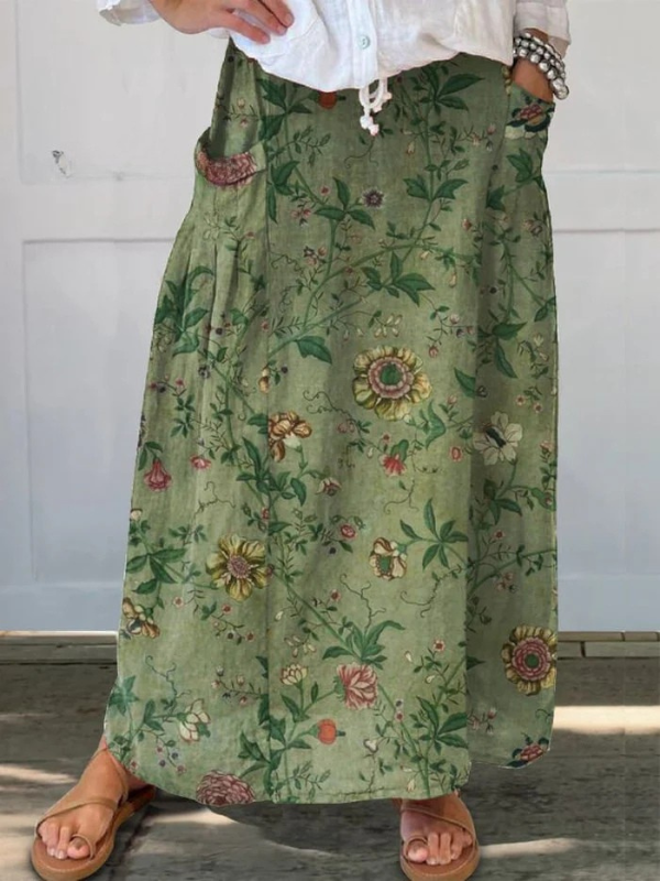 Women's Retro Art Print  Linen Pocket Skirt