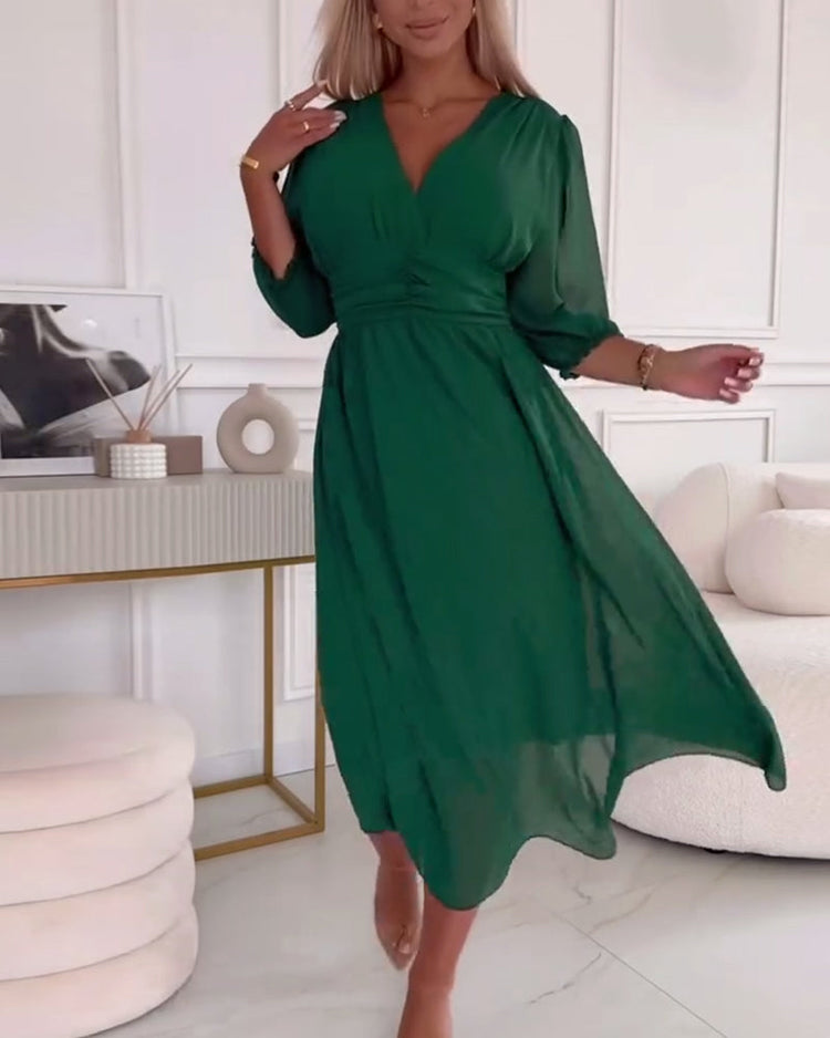 Dianne™ | V-Neck Solid Color Waist Dress