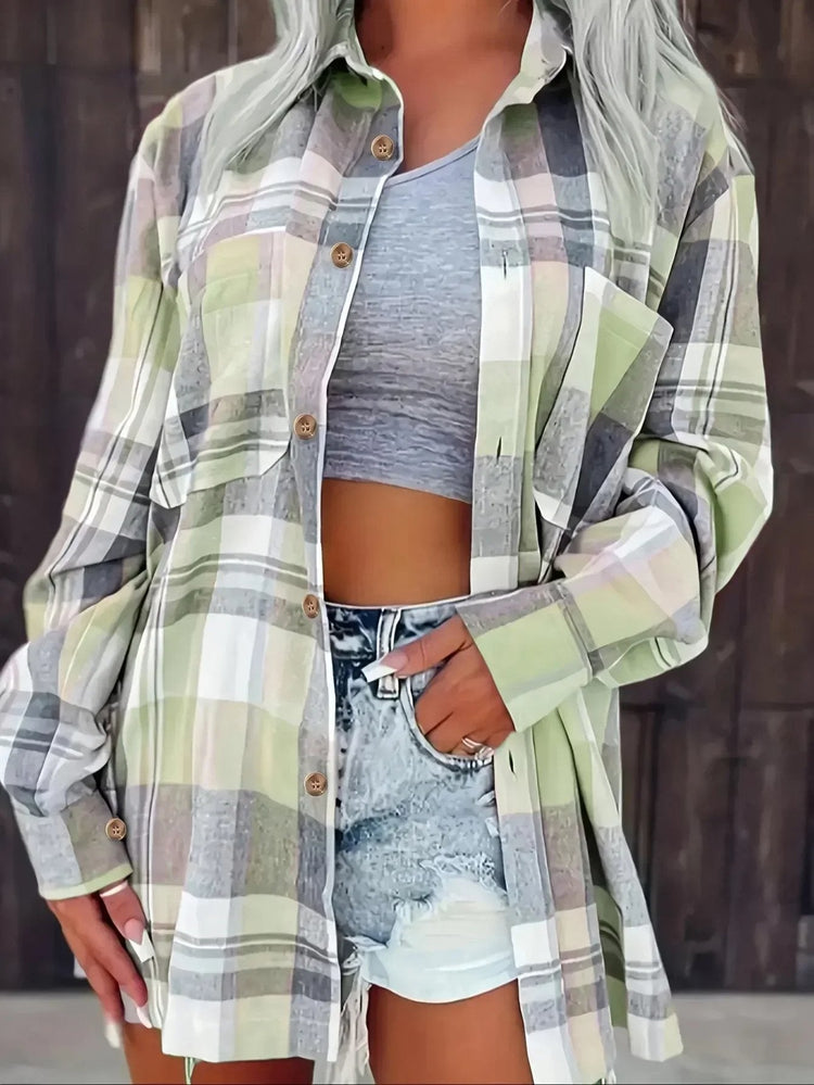 Mia | Women's Oversized Plaid Flannel Long Sleeve Button-Up Shirt